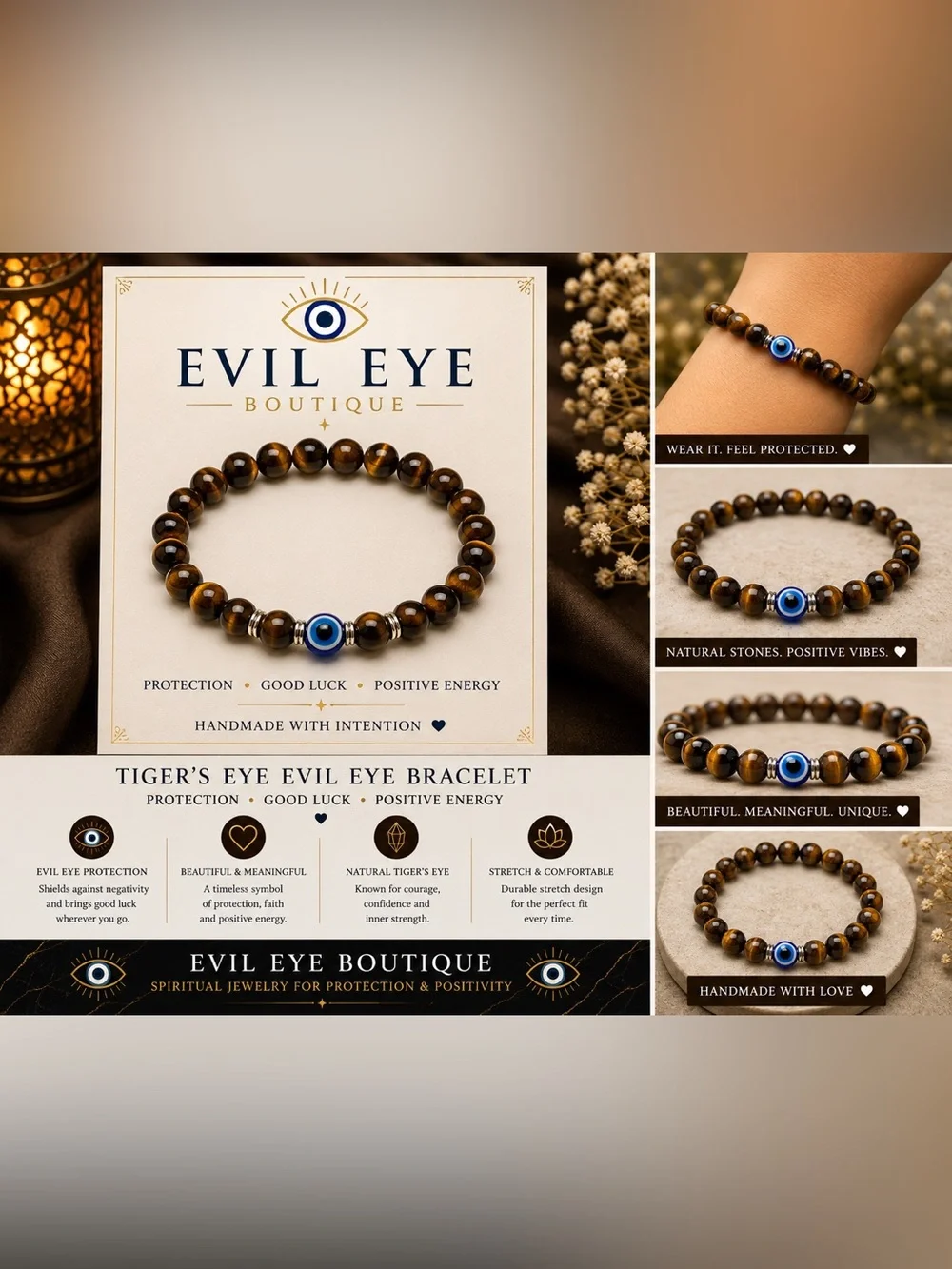🧿Men’s Brown Tiger’s Eye Bracelet with Blue Evil Eye Bead🧿